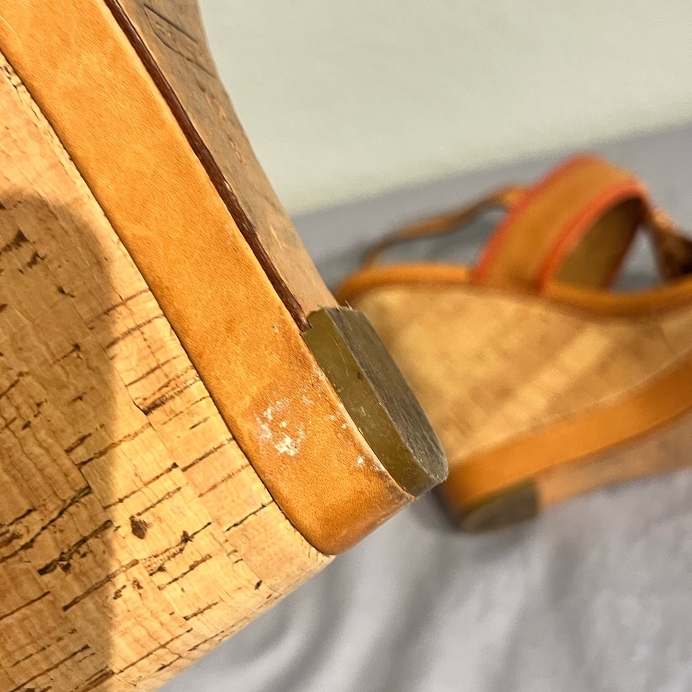 Coach Tan and Orange Leather Tassel Wedge Sandals - Picture 8 of 16